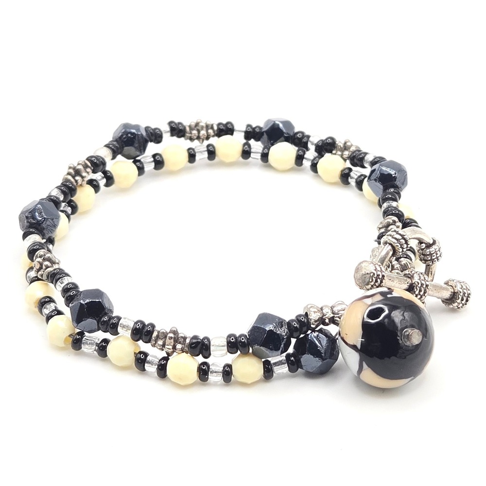 Handmade Double‎ Wire Strand Beaded Toggle Bracelet Black Cream Glass 6.5 in